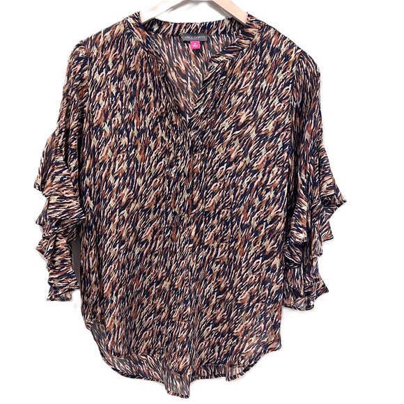 Vince Camuto Blouse Flutter Sleeves XS Navy Rust Gold Metallic - Picture 2 of 7